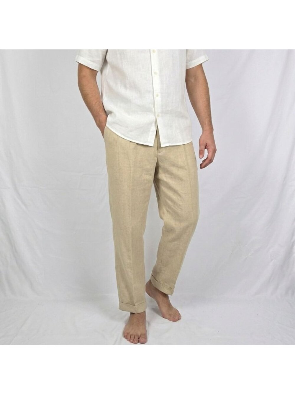 VTG Mens Linen Blend Pants Sz 40W x 32L XXL Loose Fit Beige Cuffs Pleated Summer